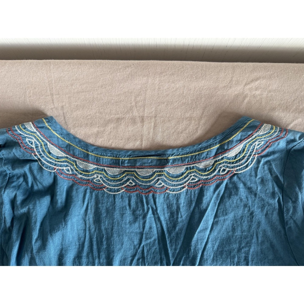 Lucky Brand Shirt Womens Small Blue Embroidered Scallop Boho‎ Tunic Long Sleeve - Picture 8 of 12
